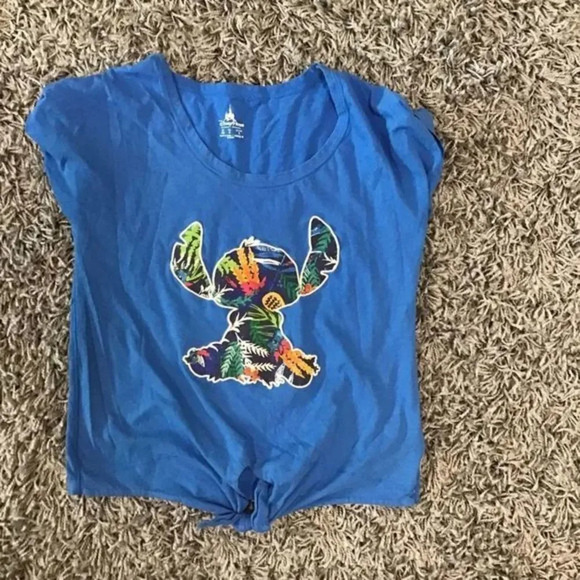 DISNEY PARKS Blue Cropped Tee Tie Tropical Stitch Alien XS - Picture 1 of 3